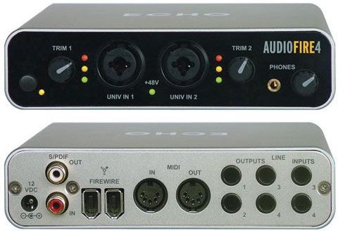 Echo AUDIOFIRE4 Portable Firewire Audio Recording 6 Input/6 Output with Preamps, FireWire (IEEE 1394a) interface with 8' cable, Bus powered with 6-pin FireWire interface, External 12VDC power supply provided, Stereo headphone output with volume knob, Frequency Response 10Hz-20kHz, +/-0.2dB, S/PDIF I/O at 24-bit/96kHz, UPC 090875800331 (AUDIO-FIRE4 AUDIO FIRE4 AUDIOFIRE-4 AUDIOFIRE)