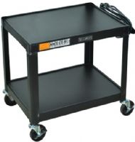 Luxor AV26 Metal Fixed Height AV Cart, Black; Roll formed shelves are made of powder coat painted steel; Tables are robotically arc welded; Cable pass through holes; 1/4" retaining lip around each shelf; 3-Outlet, 15' electric assembly with cord plug snap; 4" casters, two with locking brake; Dimensions 24"W X 18"D X 26"H; UPC 812552018620 (AV-26 AV 26) 