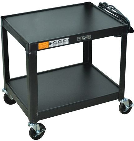 Luxor AV26 Metal Fixed Height AV Cart, Black; Roll formed shelves are made of powder coat painted steel; Tables are robotically arc welded; Cable pass through holes; 1/4