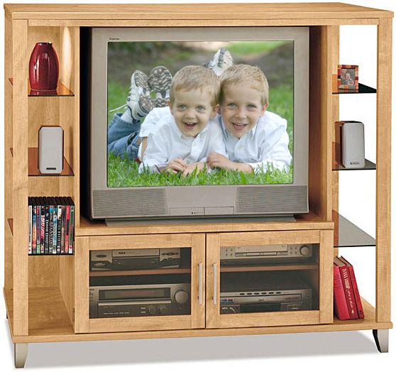 Bush AV81436 Entertainment Center, Somerset Collection, Maple Cross Finish, Three tempered glass curio shelves, Adjustable shelves in component storage area, Rear access for wire management and concealment, 53.46 (H) x 59.527 (W) x 24.724 (D) of Overall Dimensions, 30.827 (H) x 39.016 (W) x 22.480 (D) TV Compartment, Accommodates most 36” conventional TVs up to 240 lbs (AV-81436 AV 81436) 