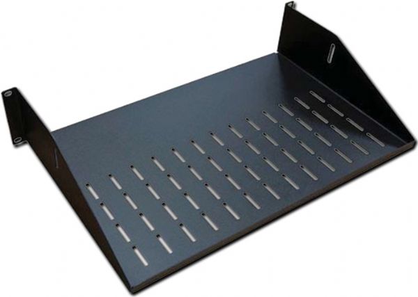 AVFI 9031-2 Vented Rack Metal Shelf 2U, Black Metal Finish; Provides a quick and easy method of rack mounting equipment that cannot normally be mounted in a rack; 2U Utility vented metal shelf; 16 ga. CRS with black powder coat finish; One piece construction with perforation venting; Available in three sizes to fit one, two or three rack spaces; Dimensions 15