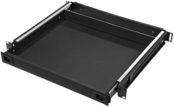 AVFi 9041 Sliding Metal Shelf 1 Space Available, Black Metal Finish; 16 ga. CRS with black powder coat finish; 50 lbs. weight capacity; Two flush, mount, spring, loaded latches prevent unit from extending; Full 14