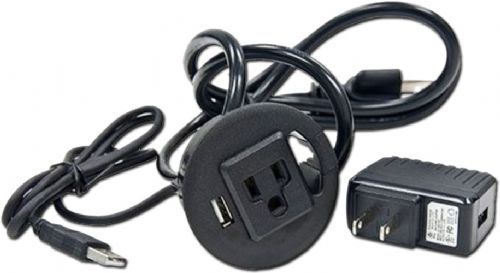 AVFi CUB3 Round Cable Well 1x AC Outlet + 1x USB Port, Black, Custom Cutout May Be Required (Extra Charges Apply); Offers a quick and convenient table top access to power and USB connection; 1 x 110V 10A outlet; 1 x USB port pass through or powered for USB charging; Side opens for adding additional cables/wires; 60 mm diameter cutout size; UPC N/A (AVFICUB3 AVFI CUB3 ROUND CABLE BLACK)