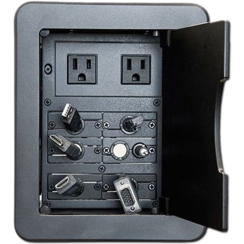 AVFI CUB8 Table Top Cable Well 2X 120V AC Power Outlets, Cables: VGA, RJ45, USB, 2X HDMI, 3.5mm Stereo Audio And 1X Open Cable Grommet, US And Canada Electrical Certifications, Black, Custom Cutout Required; Table top cable well with 7 cable pass-through's; Black brushed aluminum top bezel and lid; US and Canada electrical certifications; All cables with 10 ft. leads and matching male end terminations on both ends; UPC N/A (AVFICUB8 AVFI CUB8 TABLE TOP CABLE WELL)