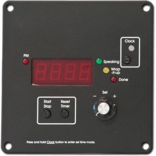 AVFi FM3 Count Down Timer/Clock, Black Finish, Custom Cutout Required (Extra Charges Apply); Built-in time of day clock displays hours, minutes and/or seconds; Large bright LED display; Start/Stop, Reset, and Clock buttons; 0 to 99.59 minute countdown timer; Green and yellow warning indicators have preprogrammed settings to match Toastmasters requirements; UPC N/A (AVFIFM3 AVFI FM3 COUNT DOWN TIMER CLOCK BLACK)