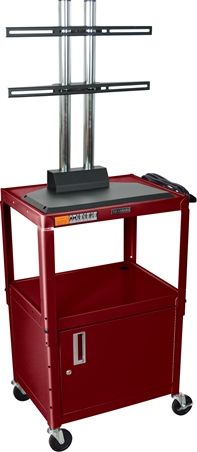 Luxor AVJ42C-LCD-BY Steel Adjustable Height AV Cart with Cabinet and LCD Mount, Burgundy; Holds up to a 42