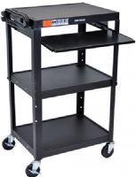 Luxor AVJ42KB Adjustable Height Steel Cart with Pullout Keyboard Tray, Black; Roll formed shelves with powder coat paint finish; Tables are robotically welded; Cables pass through holes; 1/4" retaining lip around each shelf; 3-outlet, 15' UL and CSA listed electrical assembly with cord plug snap; UPC 812552011751 (AVJ-42KB AVJ 42KB AVJ42K AVJ42) 