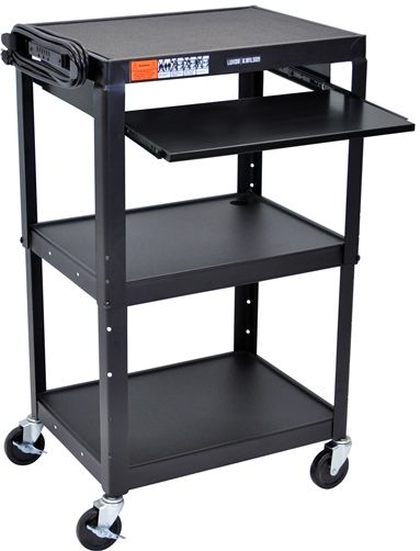Luxor AVJ42KB Adjustable Height Steel Cart with Pullout Keyboard Tray, Black; Roll formed shelves with powder coat paint finish; Tables are robotically welded; Cables pass through holes; 1/4