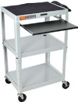 Luxor AVJ42KB-LG Adjustable Height Steel Cart with Pullout Keyboard Tray, Gray; Roll formed shelves with powder coat paint finish; Tables are robotically welded; Cables pass through holes; 1/4" retaining lip around each shelf; 3-outlet, 15' UL and CSA listed electrical assembly with cord plug snap; UPC 847210027607 (AVJ42KBLG AVJ42KB LG AVJ-42KB-LG AVJ42K-BLG AVJ42-KBLG) 
