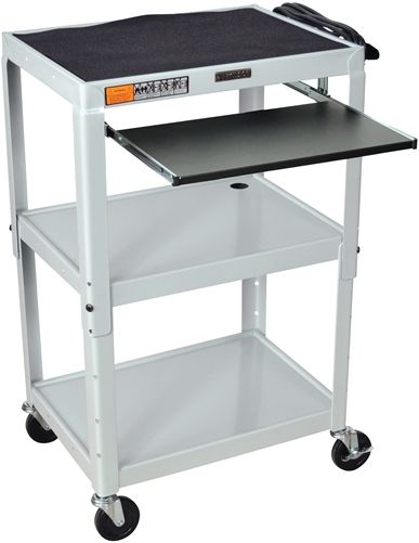 Luxor AVJ42KB-LG Adjustable Height Steel Cart with Pullout Keyboard Tray, Gray; Roll formed shelves with powder coat paint finish; Tables are robotically welded; Cables pass through holes; 1/4
