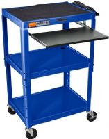 Luxor AVJ42KB-RB Adjustable Height Steel Cart with Pullout Keyboard Tray, Blue; Roll formed shelves with powder coat paint finish; Tables are robotically welded; Cables pass through holes; 1/4" retaining lip around each shelf; 3-outlet, 15' UL and CSA listed electrical assembly with cord plug snap; UPC 812552011775 (AVJ42KBRB AVJ42KB RB AVJ-42KB AVJ42K-BRB AVJ42-KBRB) 