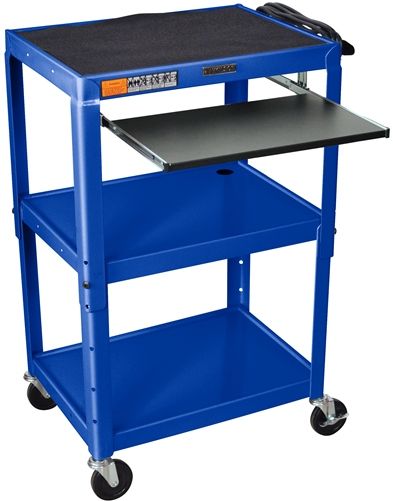 Luxor AVJ42KB-RB Adjustable Height Steel Cart with Pullout Keyboard Tray, Blue; Roll formed shelves with powder coat paint finish; Tables are robotically welded; Cables pass through holes; 1/4