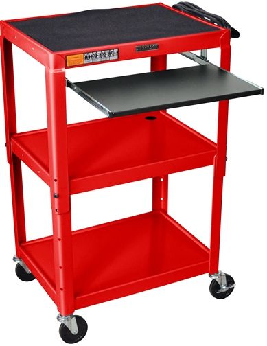 Luxor AVJ42KB-RD Adjustable Height Steel Cart with Pullout Keyboard Tray, Red; Roll formed shelves with powder coat paint finish; Tables are robotically welded; Cables pass through holes; 1/4