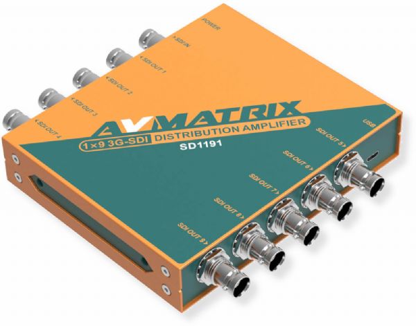 AVmatrix SD1191 SDI Reclocking Distribution Miniature Amplifier 1x9; 3G/HD/3G-SDI re-clocking distribution amplifier; Input signal automatically detected; Up to 400 meter (SD), 200 meter (HD), 120 meter (3G); It is also an ASI distributor amplifier that all input and outputs are compatible with ASI signal; Dimensions 4.94 x 4.09 x 0.96 Inches; Weight 1.32 pounds (AVMATRIXSD1191 AVMATRIX/SD1191 SD-1191 SD11-91)