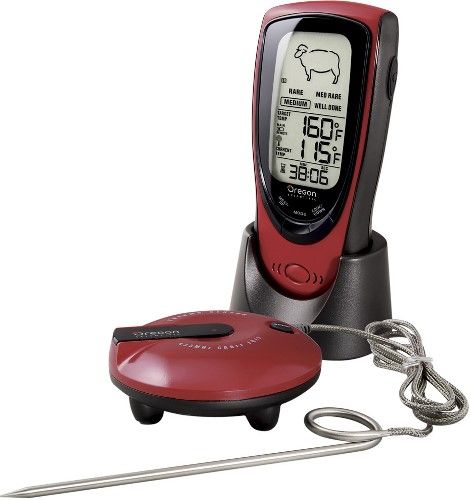 Oregon Scientific AW131 Grill Right Wireless Talking BBQ Thermometer; Digital LCD screen with remote wireless probe to identify temperature/readiness of meat; Sensor has temperature range from 32F to 572F; Programmable entre programs include beef, lamb, veal, hamburger, pork, turkey, chicken, and fish; UPC 734811406217 (AW-131 AW 131)