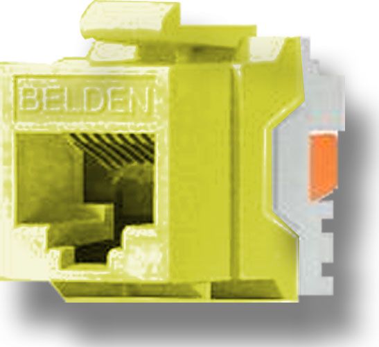 Belden Wire and Cable AX101324 TIA 606 CAT6e Modular Jack, 1 x RJ-45 Female Network, Yellow Color, IDC termination, A/B universal wiring, Copper Alloy Contact Material, Gold Contact Plating, Female, Plastic Housing Material, Weight 0.024 Lbs, UPC N/A (BELDENAX101324 BELDEN AX101324 AX 101324 BELDEN-AX101324 AX-101324)