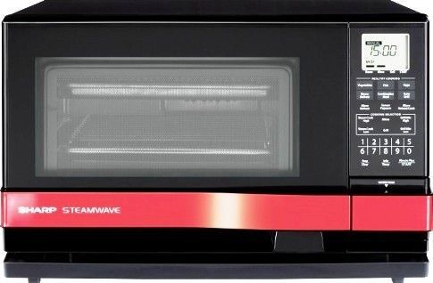 Sharp AX-1100R SuperSteam Oven 1.0 cu. ft. Countertop SteamWave Microwave, 900 Watts Steam Engine Heater Wattage, 1,100 Watts Grill Heater Wattage, 900 Watts Microwave Output Wattage, 11 Microwave Variable Power Levels, 3 Programmable Stages, LCD Display Display, Countertop Configuration, Steam Clean Cycle Cleaning, Vegetables, Fish/Seafood, Poached Eggs Steam, UPC 074000618503, Black with Red Accents (AX1100R AX-1100R AX 1100R)