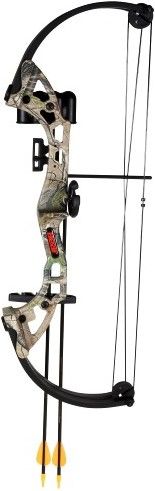 Bear Archery AYS300CR Brave Camo Right Hand Bear Bow Set; 8 & Up Suggested Age Range; 26in. Axle-to-Axle; 13.5-19in. Draw Length; Peak weight from 15 up to 25 lbs.; Durable Composite Limbs and Riser; 5.5in. Brace Height; 65% Let Off; Includes: (2) Safetyglass Arrows, Armguard, 2-Piece Arrow Quiver, Finger Tab, Whisker Biscuit Arrow Rest, 1-Pin Sight and Temporary Tattoo; UPC 754806143521 (AYS-300CR AYS 300CR AYS300-CR AYS300 CR)