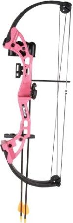 Bear Archery AYS300PR Brave Pink Right Hand Bear Bow Set; 8 & Up Suggested Age Range; 26in. Axle-to-Axle; 13.5-19in. Draw Length; Peak weight from 15 up to 25 lbs.; Durable Composite Limbs and Riser; 5.5in. Brace Height; 65% Let Off; Includes: (2) Safetyglass Arrows, Armguard, 2-Piece Arrow Quiver, Finger Tab, Whisker Biscuit Arrow Rest, 1-Pin Sight and Temporary Tattoo; UPC 754806143538 (AYS-300PR AYS 300PR AYS300-PR AYS300 PR)