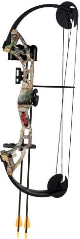Bear Archery AYS400CR Warrior Camo Right Hand Bear Bow Set; 11 & Up Suggested Age Range; 24.5in. Axle-to-Axle; 19-25in. Draw Length; Peak weight from 24 up to 29 lbs.; Durable Composite Limbs and Riser; 6.5in. Brace Height; 60% Let Off; Includes: (2) Safetyglass Arrows, Armguard, 2-Piece Arrow Quiver, Finger Tab, Whisker Biscuit Arrow Rest, 1-Pin Sight and Temporary Tattoo; UPC 754806143804 (AYS-400CR AYS 400CR AYS400-CR AYS400 CR)
