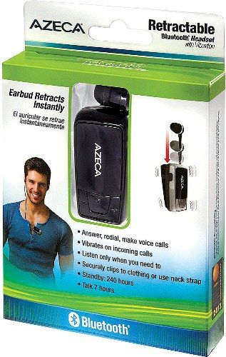 Azeca AZM04-BK Retractable Bluetooth with Incoming Call Vibration Alert, Black; Stop the ear fatigue associated with standard Bluetooth headsets; Answer calls, make voice calls, redial, or mute; Vibration allows for quiet mode operation; Listen only when you need to; Securely clips to clothing or use neck strap; Incoming call rings in earbud; UPC 850516003671 (AZM04BK AZM04 BK AZM-04-BK)