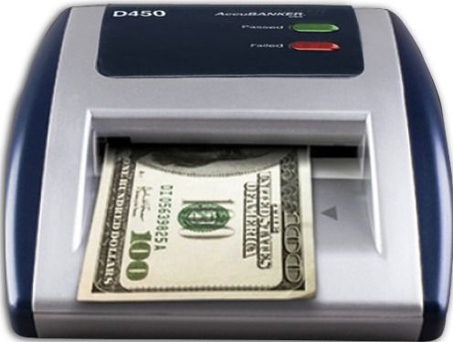 AccuBanker D450 Bleached Bills Auto Detector, Less than 1 second per bill High speed, U.S. dollar Currency accepted, Ultraviolet, magnetic, and infrared Multi-detection, Immediate banknote verification, Quick and easy to use, Reduces counterfeit losses due to human error, 110-220V 60-50 Hz Power Source, Easy to use with a 