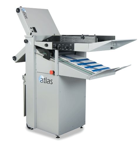 Formax Atlas Air Suction Folder; High-Speed Output: Large jobs are processed quickly at speeds of up to 27,000 pieces per hour; Powerful Air Suction Feed Table: Handles a variety of coated and non-coated stock, in a range of paper weights and sizes, up to 25.5 in length; Simple, Accurate Alignment : Squares and aligns sheets prior to feeding; Low-Pressure Air Chamber: Specially designed to control curled paper prior to entering fold rollers; Weight 265 Lbs (ATLAS)