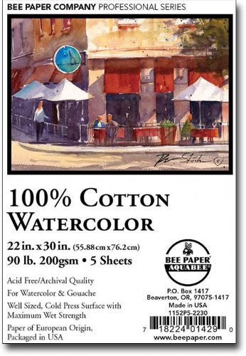 Bee Paper B1153P25-2230 Watercolor Sheet 100 Percent Cotton, 22 x 30, 140  lbs, 25 Sheets Per Pack; 100 percent cotton, neutral pH, cold pressed  watercolor sheets are an excellent value; Quality is