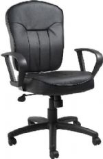 Boss Office Products B1562 Black Leather Task Chair W/ Loop Arms, Mid-back task chair with extra large seat and back cushions, Beautifully upholstered in black LeatherPlus, LeatherPlus is leather that is polyurethane infused for added softness and durability, Pneumatic gas lift seat height adjustment, Dimension 27 W x 27 D x 40.5-44 H in, Frame Color Black, Cushion Color Black, Seat Size 20" W x 20" D, Seat Height 19.5"-23" H, UPC 751118156218 (B1562 B15-62 B-1562) 