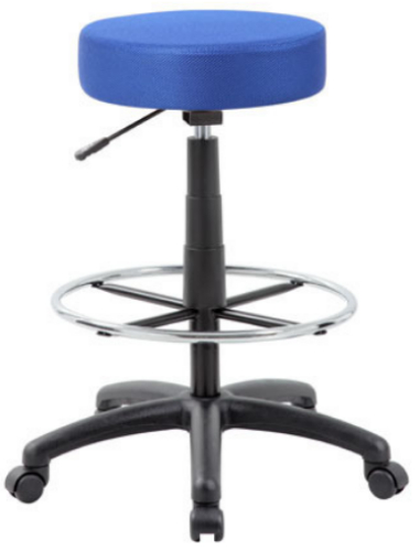 Boss Office Products B16210-BE The DOT Drafting Stool, Blue; Upholstered in breathable vibrant colored mesh; Adjustable seat height; Dual wheel casters allow for easy movement; Black nylon base and a pneumatic gas lift; Chrome footring; Cushion Color: Blue, Black, Charcoal Grey, Orange, Pink, Purple, Red; Molded foam seat for improved durability; Seat Size: 16