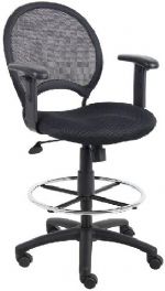 Boss Office Products B16216 Mesh Drafting Stool W/ Adjustable Arms, Open mesh back with solid metal back frame with ballistic nylon wrap, Breathable mesh fabric seat with ample padding, 25" nylon base, Hooded double wheel casters, Dimension 27.5 W x 27 D x 42 -45.5 H in, Fabric Type Mesh, Frame Color Black, Cushion Color Black, Seat Size 19.5"W X 17.5"D, Seat Height 25.5"-29"H, Arm Height 33.5"-40.5"H, Wt. Capacity (lbs) 250, Item Weight 40 lbs, UPC 751118162165 (B16216 B16216) 