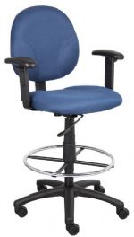 Boss Office Products B1691-BE Blue Fabric Drafting Stools W/Adj Arms & Footring, Contoured back and seat help to relieve back-strain, Large 27" nylon base for greater stability, Hooded double wheel casters, Strong 20" diameter chrome foot, With adjustable arms, Frame Color: Black, Cushion Color: Blue, Seat Size: 20" W x 18" D, Seat Height: 26.5" -31.5" H, Wt. Capacity (lbs): 250, Item Weight: 42 lbs, UPC 751118169133 (B1691BE B1691-BE B1691BE) 