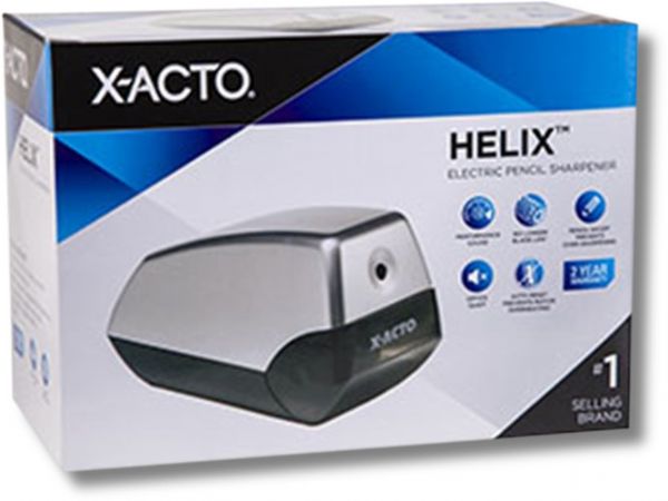 X-Acto 1900 Helix Electric Sharpener, Ideal for home and office, Hardened steel helical cutter, 16 times longer blade life, Powerful electric motor, Auto-reset to prevent over-heating, Safe Start protection, Pencil Saver technology to prevent over-sharpening, Office quiet sharpening to minimize disruption, Non-skid feet for safety, No electrical draw when not in use, ETL listed (US and Canada), Dimensions 8.25