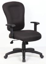 Boss Office Products B2571 Black Task Chair With B909Jarm, Upholstered in Black Crepe fabric, Memory foam seat, Ratchet back height adjustment, Spring tilt mechanism, Dimension 27 W x 27 D x 39 -45.5 H in, Fabric Type Crepe, Frame Color Black, Cushion Color Black, Seat Size 20"W X 20"D, Seat Height 19"-22.5"H, Arm Height 27.5"-33.5"H, Wt. Capacity (lbs) 250, Item Weight 40 lbs, UPC 751118257113 (B2571 B25-71 B2-571) 