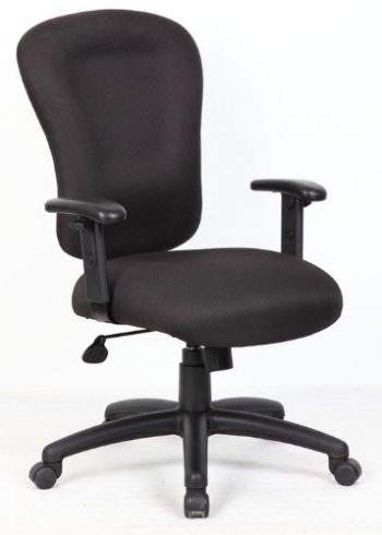 Boss Office Products B2571 Black Task Chair With B909Jarm, Upholstered in Black Crepe fabric, Memory foam seat, Ratchet back height adjustment, Spring tilt mechanism, Dimension 27 W x 27 D x 39 -45.5 H in, Fabric Type Crepe, Frame Color Black, Cushion Color Black, Seat Size 20