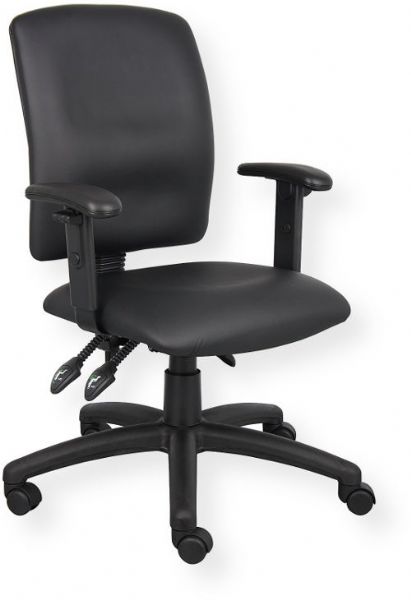 Boss Office Products B3046 Multi-Function Leatherplus Task Chair W/ Adjustable Arms, Upholstered in Black LeatherPlus, Back angle lock allows the back to lock throughout the angle range for perfect back support, Seat tilt lock allows the seat to lock throughout the tilt range, Pneumatic gas lift seat height adjustment, Dimension 27 W x 35.5 D x 35 -43.5 H in, Frame Color Black, Cushion Color Black, Seat Size 19.5