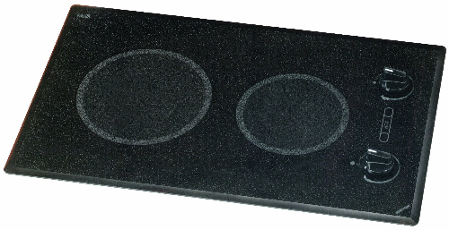 Kenyon B41510 Mediterranean 2 Burner Large, black with analog control (6  & 8 inch) 120V UL; Subtly textured black glass; Beveled-edge glass can be mounted flush or proud; Stylish muted graphics will enhance any kitchen decor; Durable ceramic glass is easy to clean; 2 Burners; 1 - 6.5