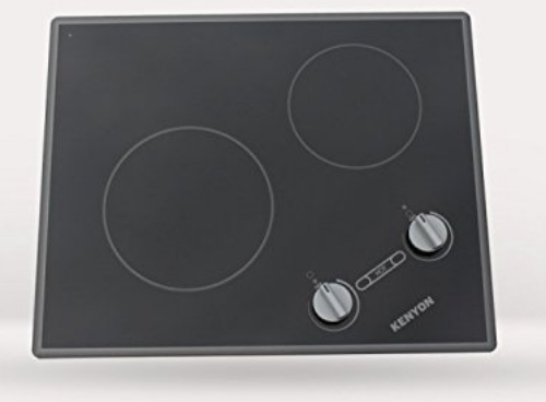 Kenyon B41706 Glacier 2 Burner XL, black with analog control (6  & 8 inch) 120V UL; Smooth black glass with stainless steel graphics; Rounded edged design creates a beleved edge look; New style stainless steel colored knobs provide and attractive look & feel; Freeze renovation costs and support the environment with an upgrade to 