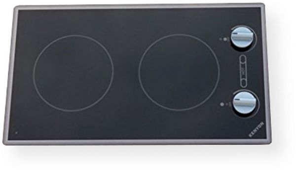 Kenyon B41710 Cortez 2 Burner, Black with analog control (two 6  inch) 120V; Smooth black glass with stainless steel graphics; Rounded edged design creates a beleved edge look; New style stainless steel colored knobs provide and attractive look & feel; Durable ceramic glass is easy to clean; 2 - 6.5