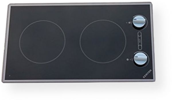 Kenyon B41711 Cortez 2 Burner, Black with analog control (two 6  inch) 240 V; Smooth black glass with stainless steel graphics; Rounded edged design creates a beleved edge look; New style stainless steel colored knobs provide and attractive look & feel; Durable ceramic glass is easy to clean; 2 - 6.5