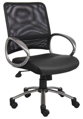 Boss Office Products B6406 Mesh Back W/ Pewter Finish Task Chair, Beautfully upholstered in Black LeatherPlus (seat) and breathable mesh (back.) Pewter finished loop arms, Adjustable tilt tension control, Pneumatic gas lift seat height adjustment, Metal Pewter finished base, Dimension 25 W x 25 D x 39 -42 H in, Fabric Type Mesh/LP, Frame Color Pewter, Cushion Color Black, Seat Size 19