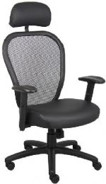 Boss Office Products B6808-HR Professional Managers Mesh Chair W/ Headrest & Leather Seat, Thick padded contoured seat and air mesh back with built-in lumbar support, 2 to 1 synchro tilt mechanism with adjustable tilt tension control, LeatherPlus seat with ample padding, Adjustable height armrests with soft polyurethane pads, Dimension 28.5 W x 27 D x 49.5 -53 H in, Fabric Type Mesh/LeatherPlus, Frame Color Black, Cushion Color Black, UPC 751118680829 (B6808HR B6808-HR B6808-HR) 