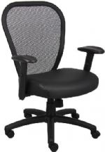 Boss Office Products B6808 Professional Managers Mesh Chair  W/ Leather Seat, Thick padded contoured seat and air mesh back with built-in lumbar support, 2 to 1 synchro tilt mechanism with adjustable tilt tension control, LeatherPlus seat with ample padding, Adjustable height armrests with soft polyurethane pads, Dimension 28.5 W x 27 D x 39.5 -43 H in, Fabric Type Mesh/LeatherPlus, Frame Color Black, Cushion Color Black, Seat Size 18"W X 21.5"D, UPC 751118680898 (B6808 B6808 B6808) 
