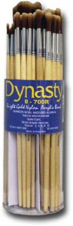 Dynasty B700RD Canister Series B700, Round Brush Assortment; Non-toxic, natural wood handles are kiln dried; Each canister comes with wood paint stirrers and reusable brush storage container; Each one comes with 50 total round brushes, 10 each of sizes 2, 4, 6, 8, 10; UPC 018376026241 (DYNASTYB700RD DYNASTY B700RD B700 RD B 700RD DYNASTY-B700RD B700-RD B-700RD)
