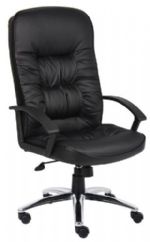 Boss Office Products B7301C High Back Leatherplus Chair W/ Chrome Base, Beautifully upholstered in black LeatherPlus, LeatherPlus is leather that is polyurethane infused for added softness and durability, Executive High Back styling with extra lumbar support, Extra thick seat and back cushion, Dimension 27 W x 28.5 D x 45.5-49 H in, Fabric Type LeatherPlus, Frame Color Chrome, Cushion Color Black, Seat Size 21" W x 20" D, Seat Height 20" -23.5" H, UPC 751118730142   (B7301C B7301C B7301C) 