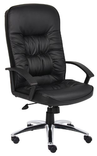 Boss Office Products B7301C High Back Leatherplus Chair W/ Chrome Base, Beautifully upholstered in black LeatherPlus, LeatherPlus is leather that is polyurethane infused for added softness and durability, Executive High Back styling with extra lumbar support, Extra thick seat and back cushion, Dimension 27 W x 28.5 D x 45.5-49 H in, Fabric Type LeatherPlus, Frame Color Chrome, Cushion Color Black, Seat Size 21