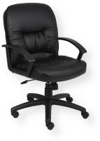 Boss Office Products B7306 Mid Back Leatherplus Chair, Beautifully upholstered in black LeatherPlus, LeatherPlus is leather that is polyurethane infused for added softness and durability, Executive Mid Back styling with extra lumbar support, Extra thick seat and back cushion, Dimension 27 W x 28.5 D x 38.5-42 H in, Fabric Type LeatherPlus, Frame Color Black, Cushion Color Black, Seat Size 21" W x 20" D, Seat Height 20" -23.5" H, Arm Height 25.5"-29" H, UPC 751118730616 (B7306 B7306 B7306) 