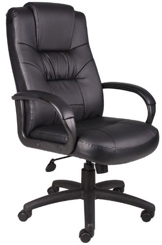 Boss Office Products B7501 Executive High Back Leatherplus Chair, Beautifully upholstered in black LeatherPlus. LeatherPlus is leather that is polyurethane infused for added softness and durability, Passive ergonomic seating with built-in lumbar support, Padded armrests covered with Caressoft upholstery, Large 27