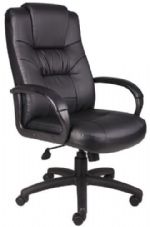 Boss Office Products B7502 Executive High Back Leatherplus Chair W/Knee Tilt, Beautifully upholstered in black LeatherPlus. LeatherPlus is leather that is polyurethane infused for added softness and durability, Passive ergonomic seating with built-in lumbar support, Padded armrests covered with Caressoft upholstery, Large 27" nylon base for greater stability, Dimension 27 W x 28.5 D x 43.5-47 H in, Fabric Type LeatherPlus, Frame Color Black, UPC 751118750218 (B7502 B7-502) 