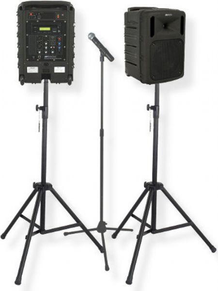 Amplivox B8003 Titan Wireless Premium Package; SC800 Companion Speaker; S1073 microphone stand; Two S1080 heavy duty tripod; 40 feet cable; 100 Watt amplifier fills the room with full rich and clear sound; Built-in digital UHF 16 channel wireless microphone receiver; Choice of wireless mic, lapel and headset, flesh tone over-ear, or handheld microphone; UPC 734680000462 (B8003 B-8003 B80-03 AMPLIVOXB8003 AMPLIVOX-B8003 AMPLIVOX-B-8003)